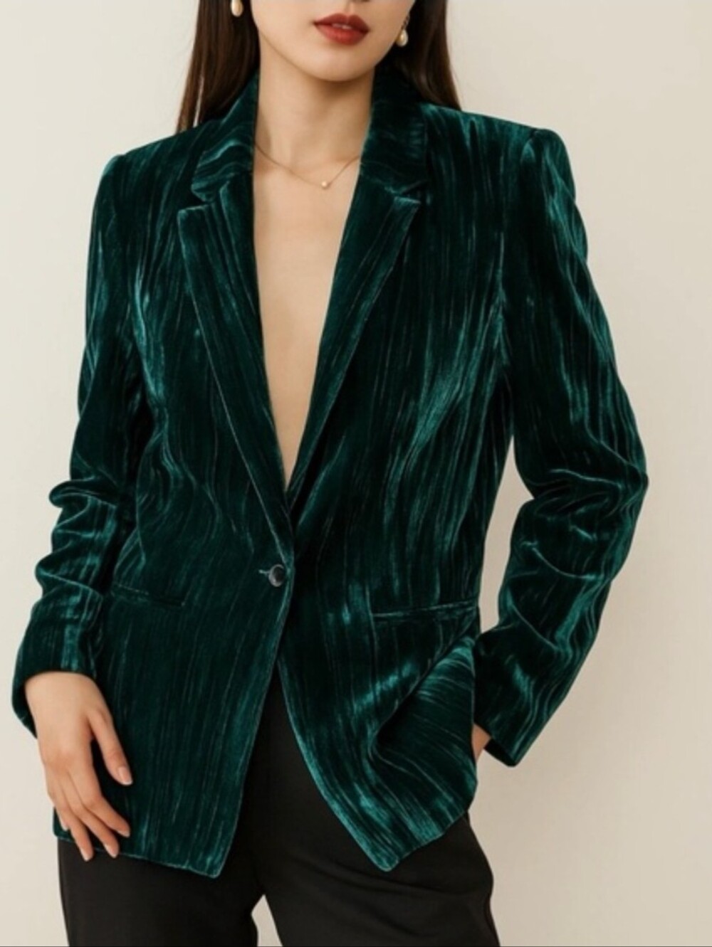 WAYF Emerald Green Crushed Velvet Blazer Size S